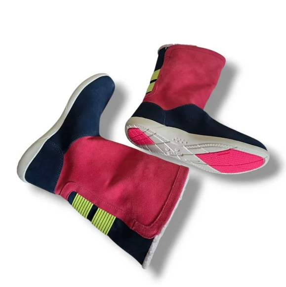 CROCS Women's Adela Foldover Fuzz Suede Booties Pink Poppy/Yellow Stucco/Navy - Picture 10 of 16